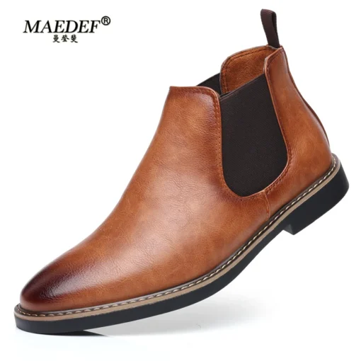 MAEDEF Chelsea Boots Retro Shoes Men Comfortable PU Leather Men's Ankle Boots Black Brown Mens Shoes British Style Short Boots - Image 2