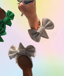 Silver Crystal Bow Knot Sandals Pumps Heels Pointed Toe Thin Heel High Shoes for Women Wedding Shoes 2025 Zapatillas Mujer
