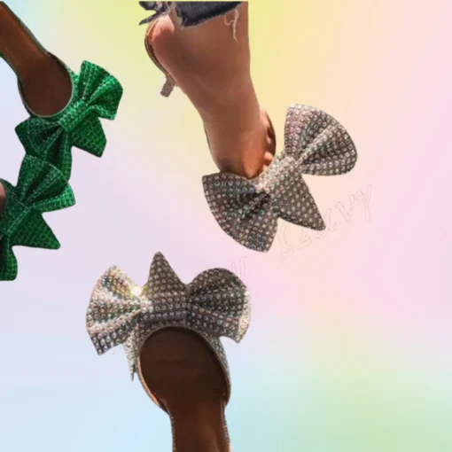 Silver Crystal Bow Knot Sandals Pumps Heels Pointed Toe Thin Heel High Shoes for Women Wedding Shoes 2025 Zapatillas Mujer