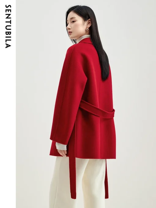 SENTUBILA Red Wool Wrap Coats for Women 2024 Winter Clothes Double Faced 100% Wool Loose Warm Jacket Female Outerwear W44O58458X - Image 2