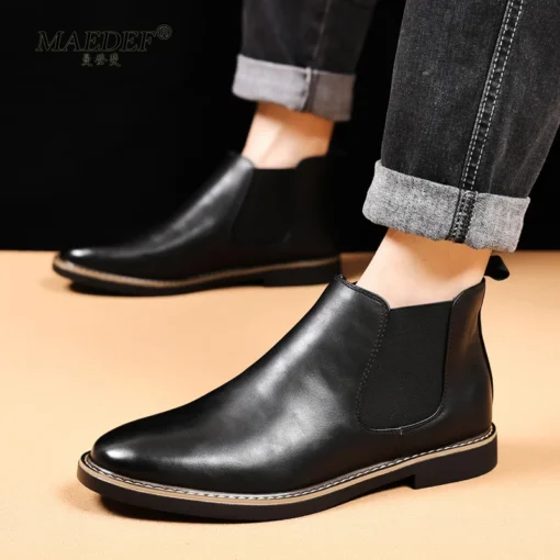 MAEDEF Chelsea Boots Retro Shoes Men Comfortable PU Leather Men's Ankle Boots Black Brown Mens Shoes British Style Short Boots - Image 3