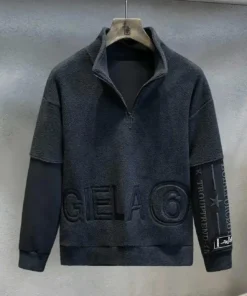 Male Clothes Fleeced Pullover Sweatshirt For Men Half Zip Embroidered Hoodieless Top 2025 New In Low Price Offers Sweat Shirt