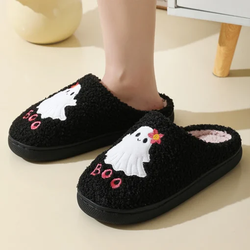 Halloween Ghost Plush Slippers Warm Slip-on House Shoes Comfortable Soft Furry Slipper Anti Slip Fuzzy Ghost Slippers for Winter - Image 3