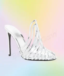 Silver Side Hollow Sandals Back Cut Heels Buckle Round Toe Thin Heel High Shoes for Women Wedding Shoes 2025 Zapatillas Mujer
