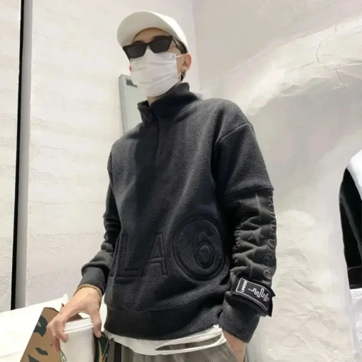 Male Clothes Fleeced Pullover Sweatshirt For Men Half Zip Embroidered Hoodieless Top 2025 New In Low Price Offers Sweat Shirt - Image 3