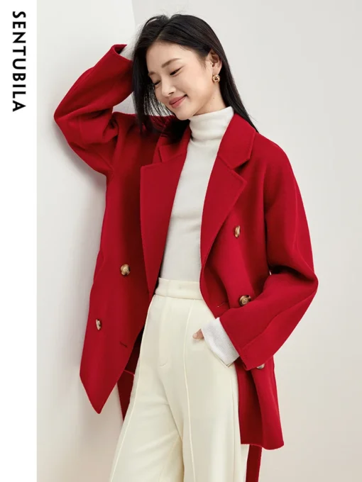 SENTUBILA Red Wool Wrap Coats for Women 2024 Winter Clothes Double Faced 100% Wool Loose Warm Jacket Female Outerwear W44O58458X - Image 3