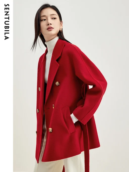 SENTUBILA Red Wool Wrap Coats for Women 2024 Winter Clothes Double Faced 100% Wool Loose Warm Jacket Female Outerwear W44O58458X - Image 4