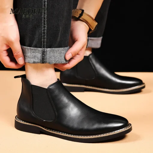 MAEDEF Chelsea Boots Retro Shoes Men Comfortable PU Leather Men's Ankle Boots Black Brown Mens Shoes British Style Short Boots - Image 4