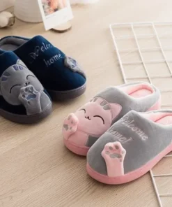 Women Winter Warm Slippers Cartoon Cat Shoes Furry Plush Slides Round Toe Flats Indoor Home Bedroom Floor Slippers Ladies Shoe